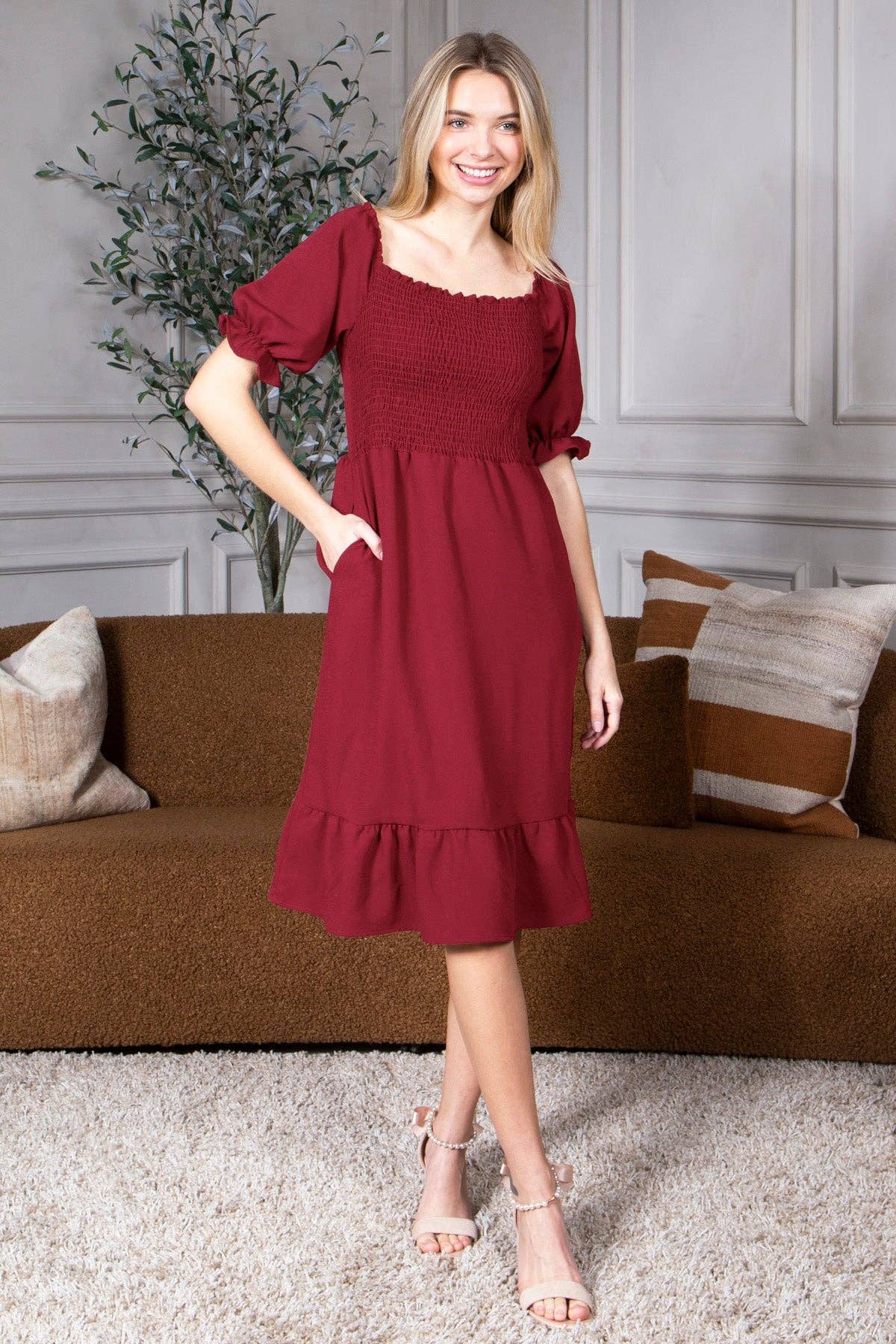 Smocked Dress Short Puff Sleeve Ruffle Smocking Crepe Midi
