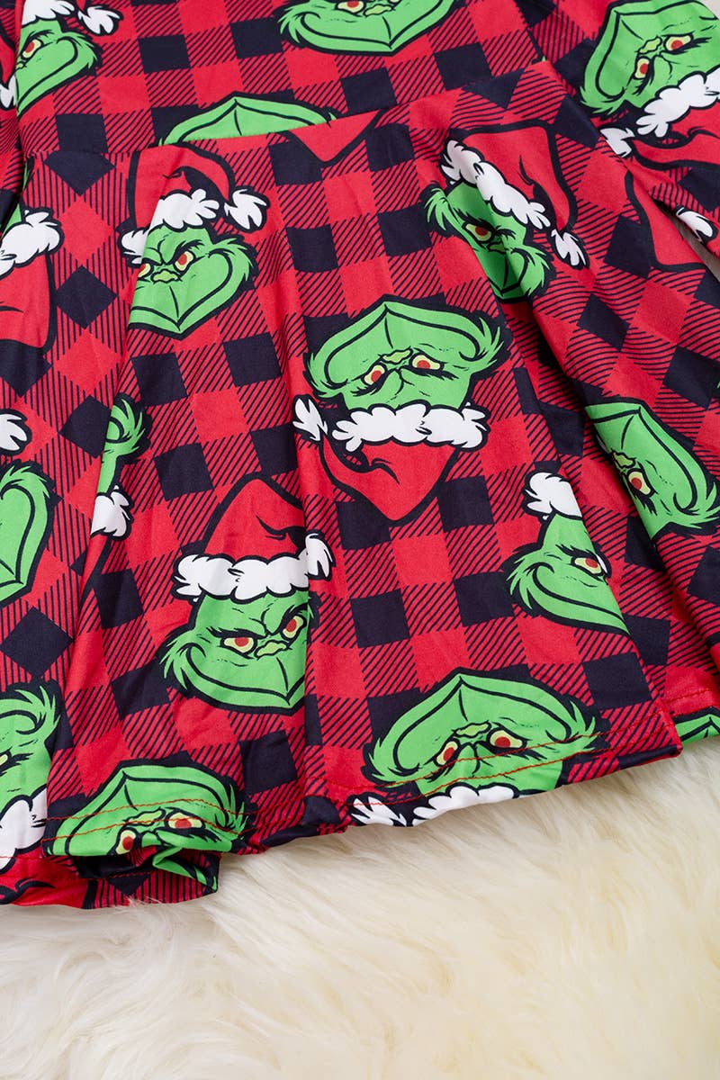 PLAID W/ GRINCH-CHARACTER PRINTED DRESS
