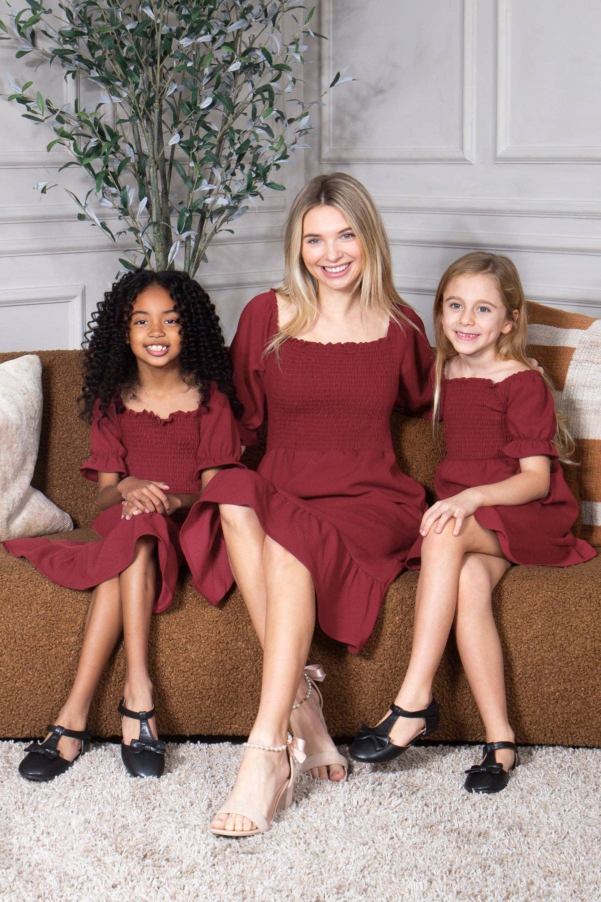 Smocked Dress Short Puff Sleeve Ruffle Smocking Crepe Midi