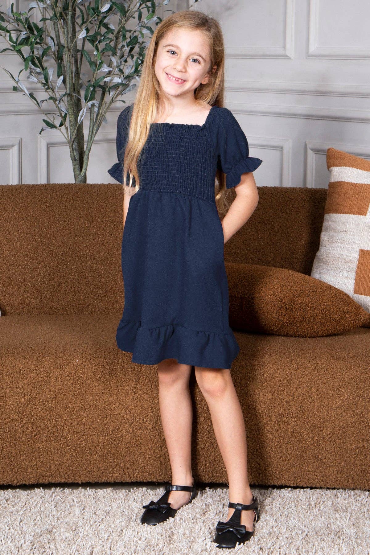 Kid's Smocked Dress Short Puff Sleeve Ruffle Crepe Midi