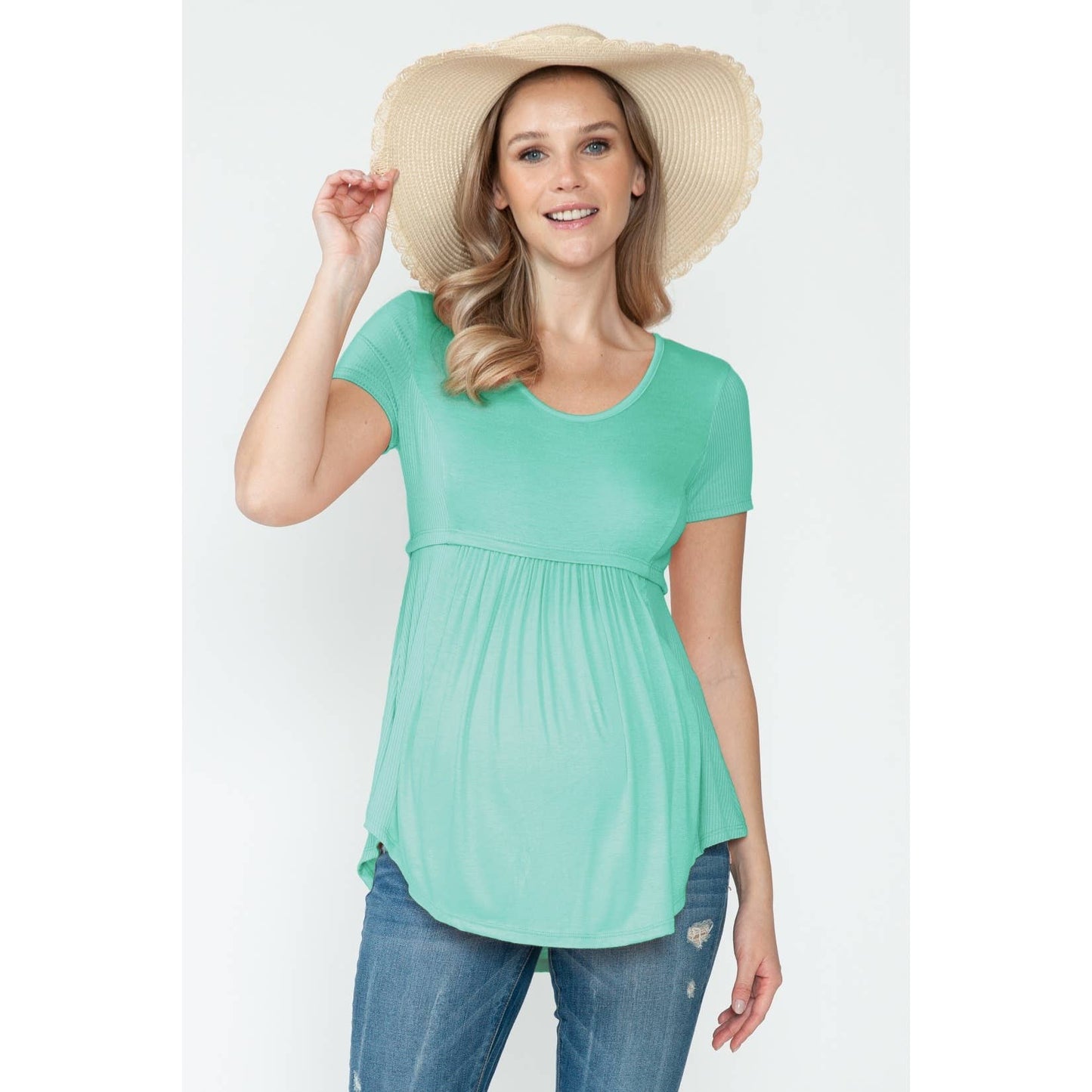 Maternity Shirring Ruched Round Hem Basic Solid Side Rib Top