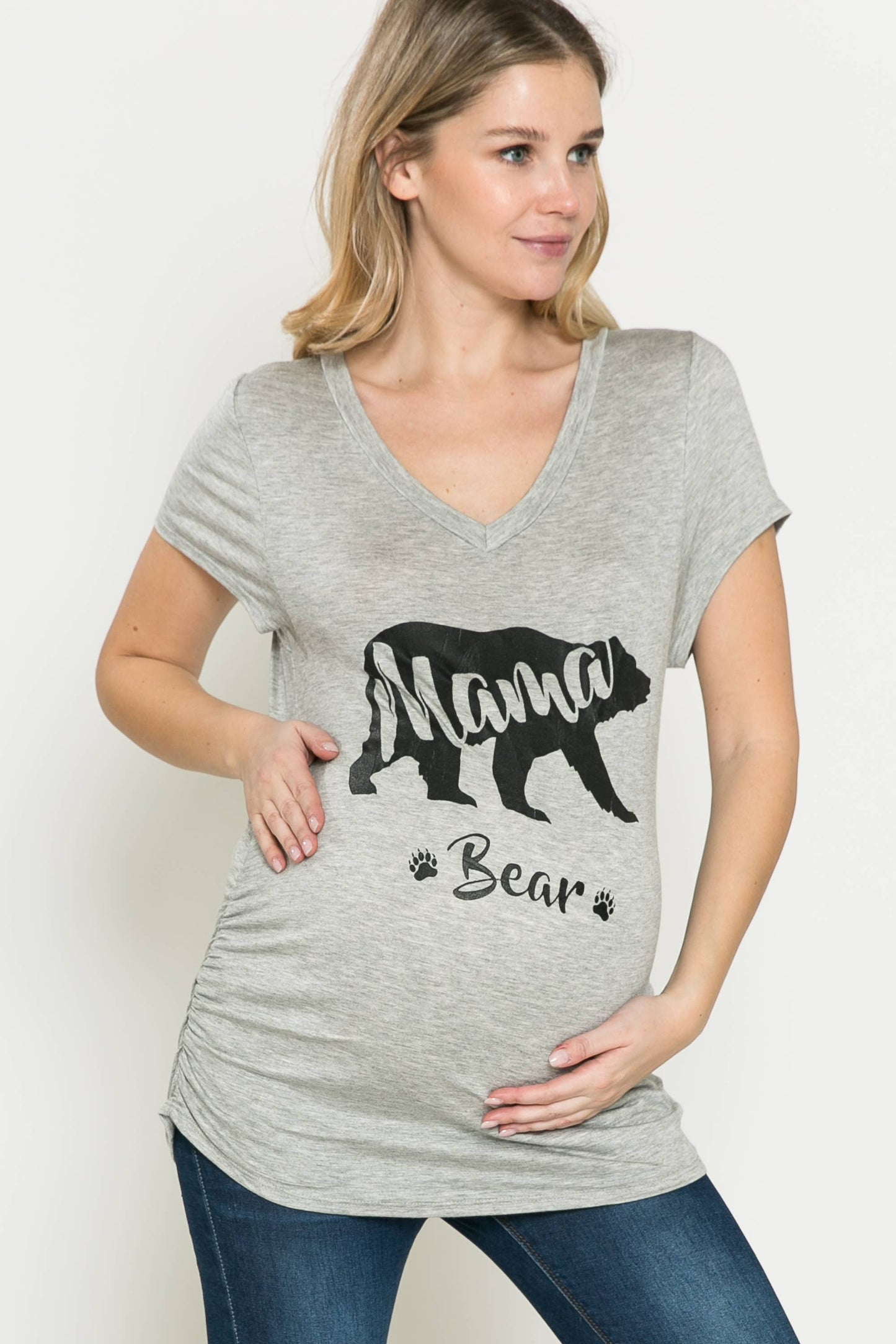 Maternity V Neck Mama & Bear Graphic Tee Shirring Detail Top