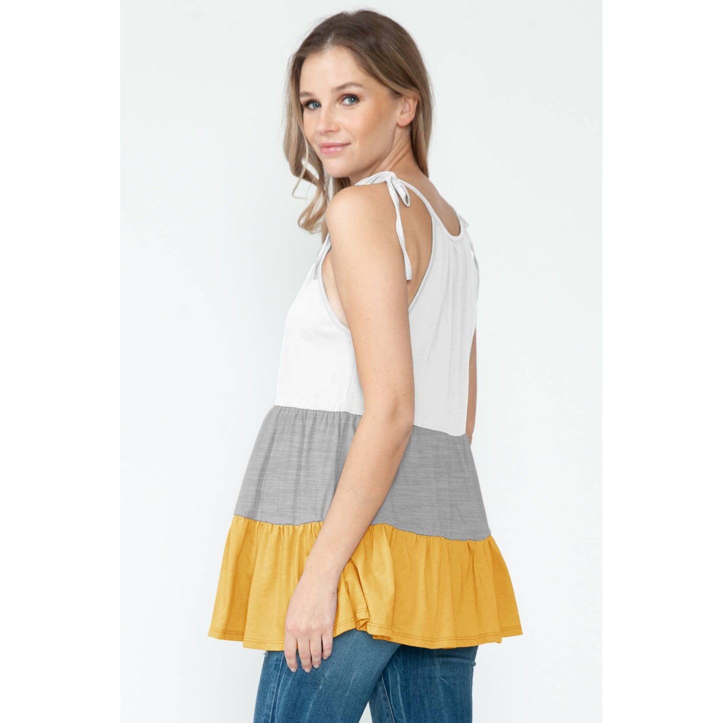 Maternity Sleeveless Color Blocked Tie Tiered Babydoll Top