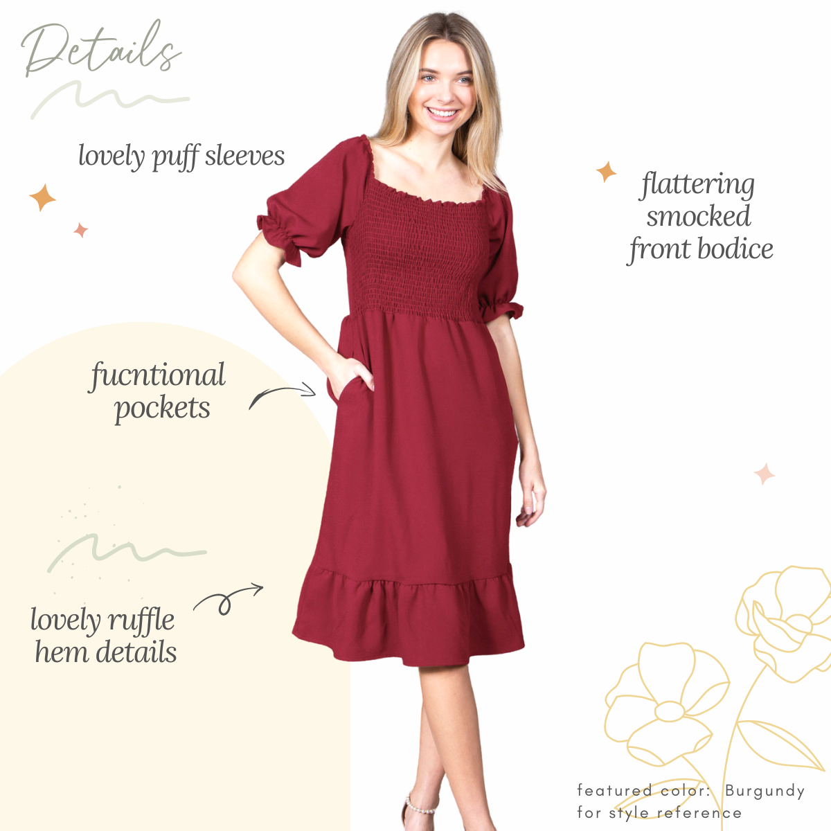 Kid's Smocked Dress Short Puff Sleeve Ruffle Crepe Midi