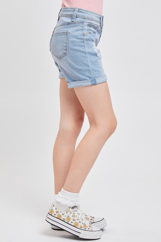 Girls 1 Button Hybrid Denim Fray Hem Shorts