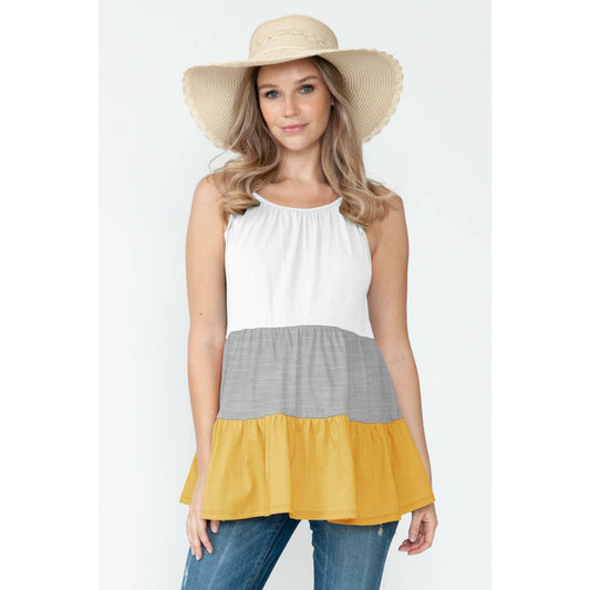 Maternity Sleeveless Color Blocked Tie Tiered Babydoll Top