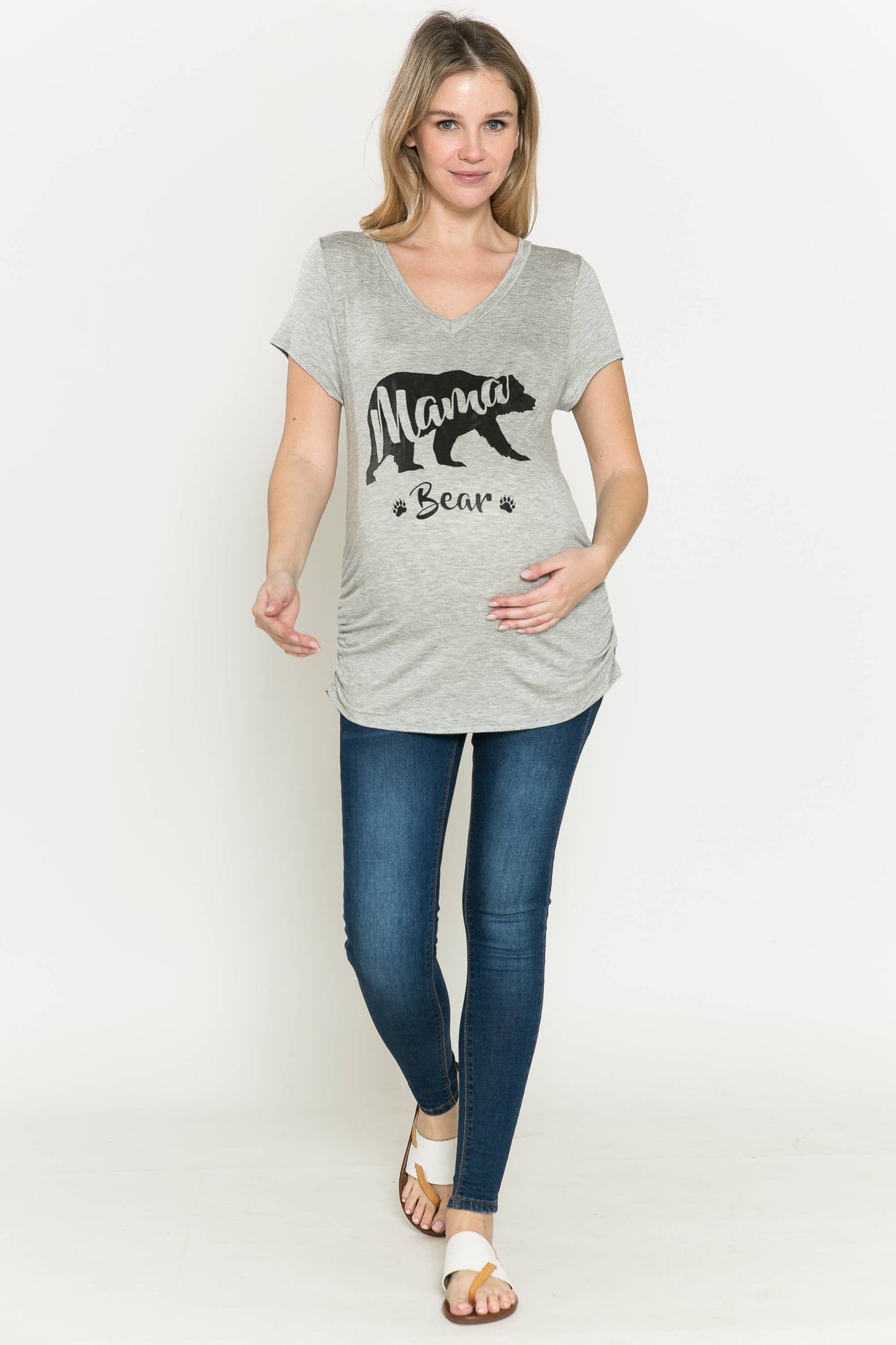 Maternity V Neck Mama & Bear Graphic Tee Shirring Detail Top