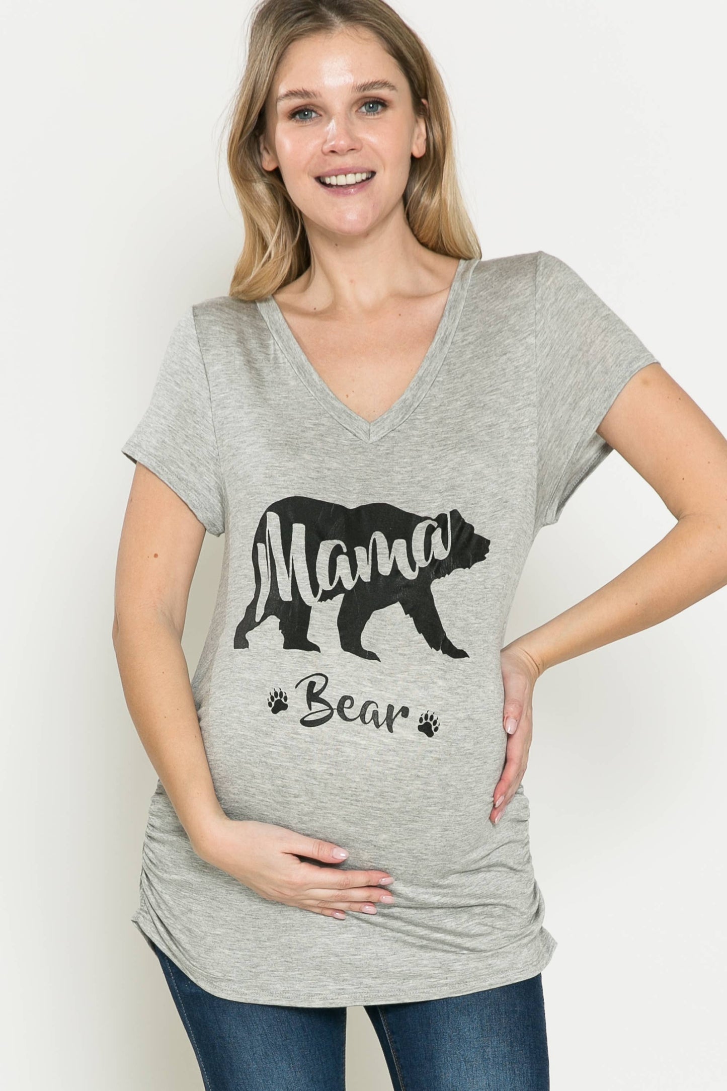 Maternity V Neck Mama & Bear Graphic Tee Shirring Detail Top