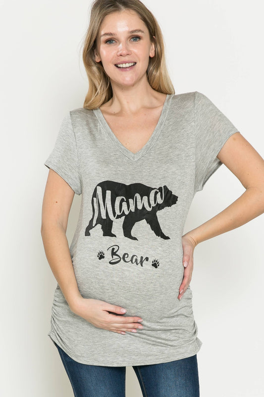Maternity V Neck Mama & Bear Graphic Tee Shirring Detail Top