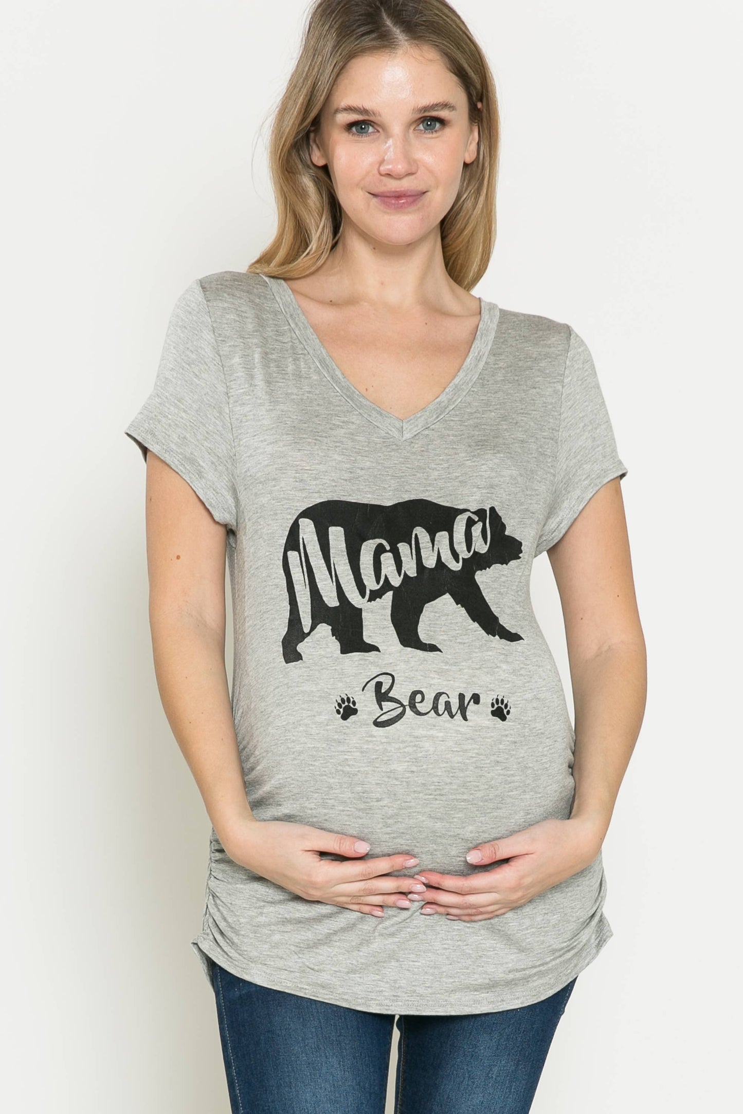 Maternity V Neck Mama & Bear Graphic Tee Shirring Detail Top