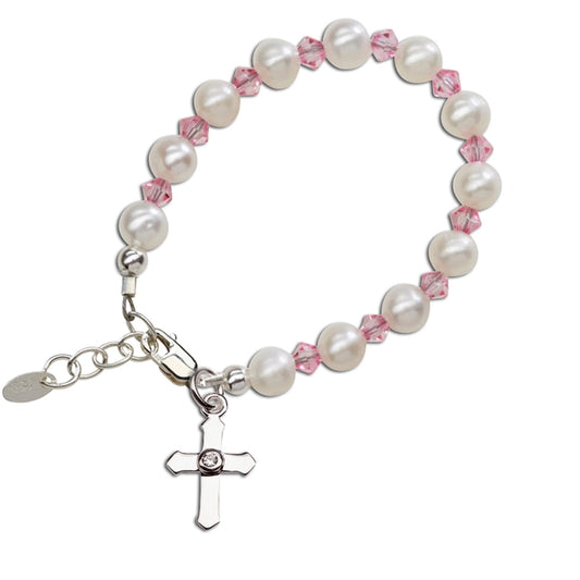 Silver Pink Baby Cross Bracelet Baptism & Communion Gift