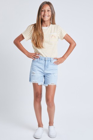 Girls 1 Button Hybrid Denim Fray Hem Shorts