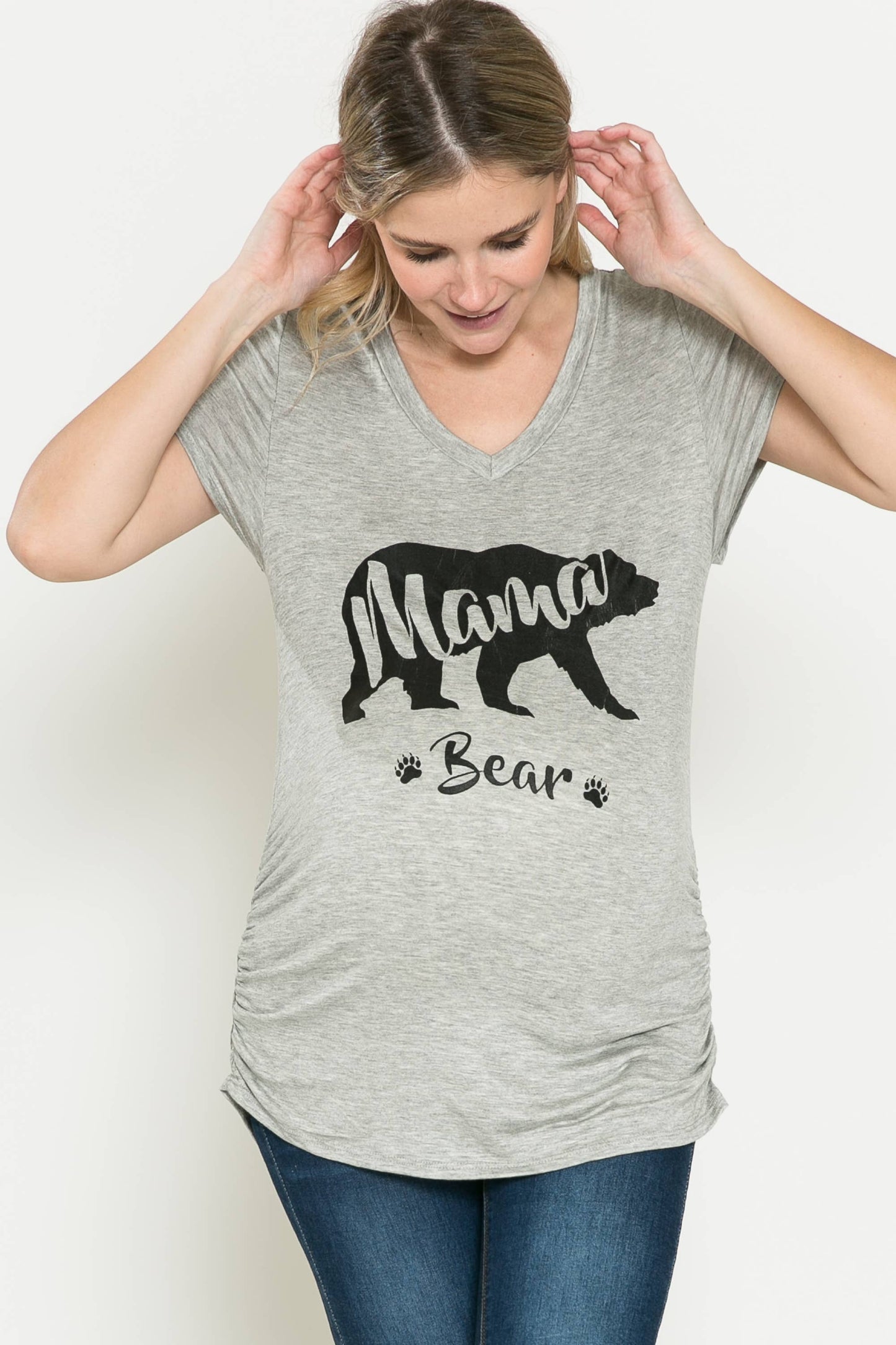 Maternity V Neck Mama & Bear Graphic Tee Shirring Detail Top