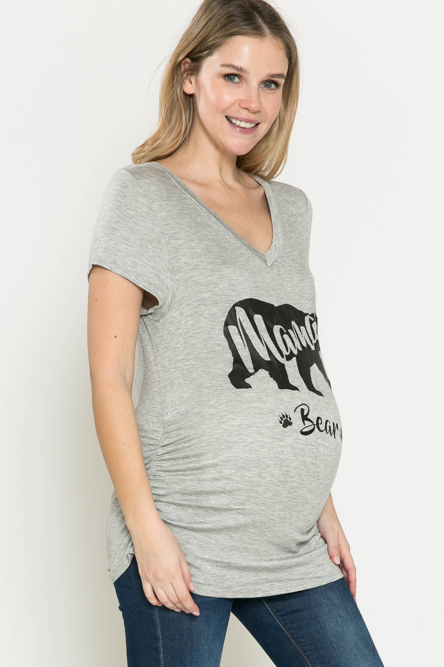 Maternity V Neck Mama & Bear Graphic Tee Shirring Detail Top