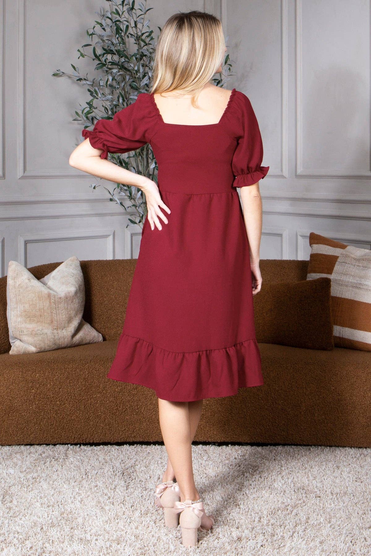 Smocked Dress Short Puff Sleeve Ruffle Smocking Crepe Midi
