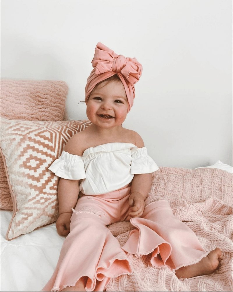 BARBIE PLEATED DENIM BELL BOTTOMS - POWERPUFF DISTRESSED PINK