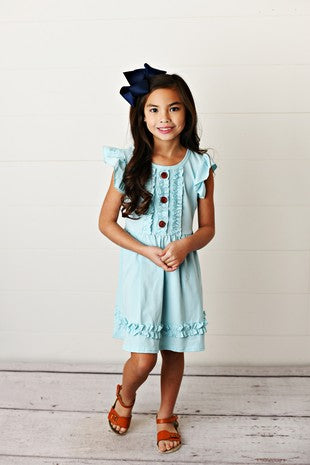 Kids Blue Ruffle Button Spring Summer Dress