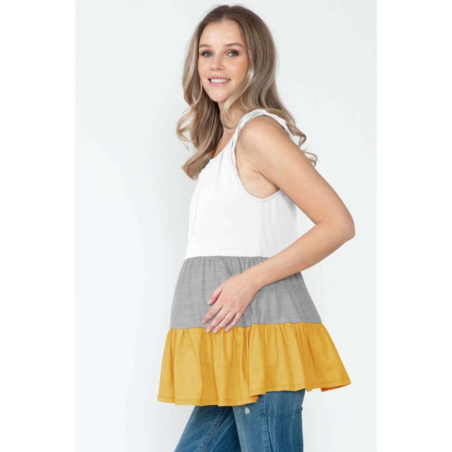 Maternity Sleeveless Color Blocked Tie Tiered Babydoll Top