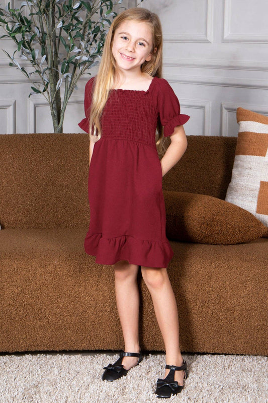 Kid's Smocked Dress Short Puff Sleeve Ruffle Crepe Midi