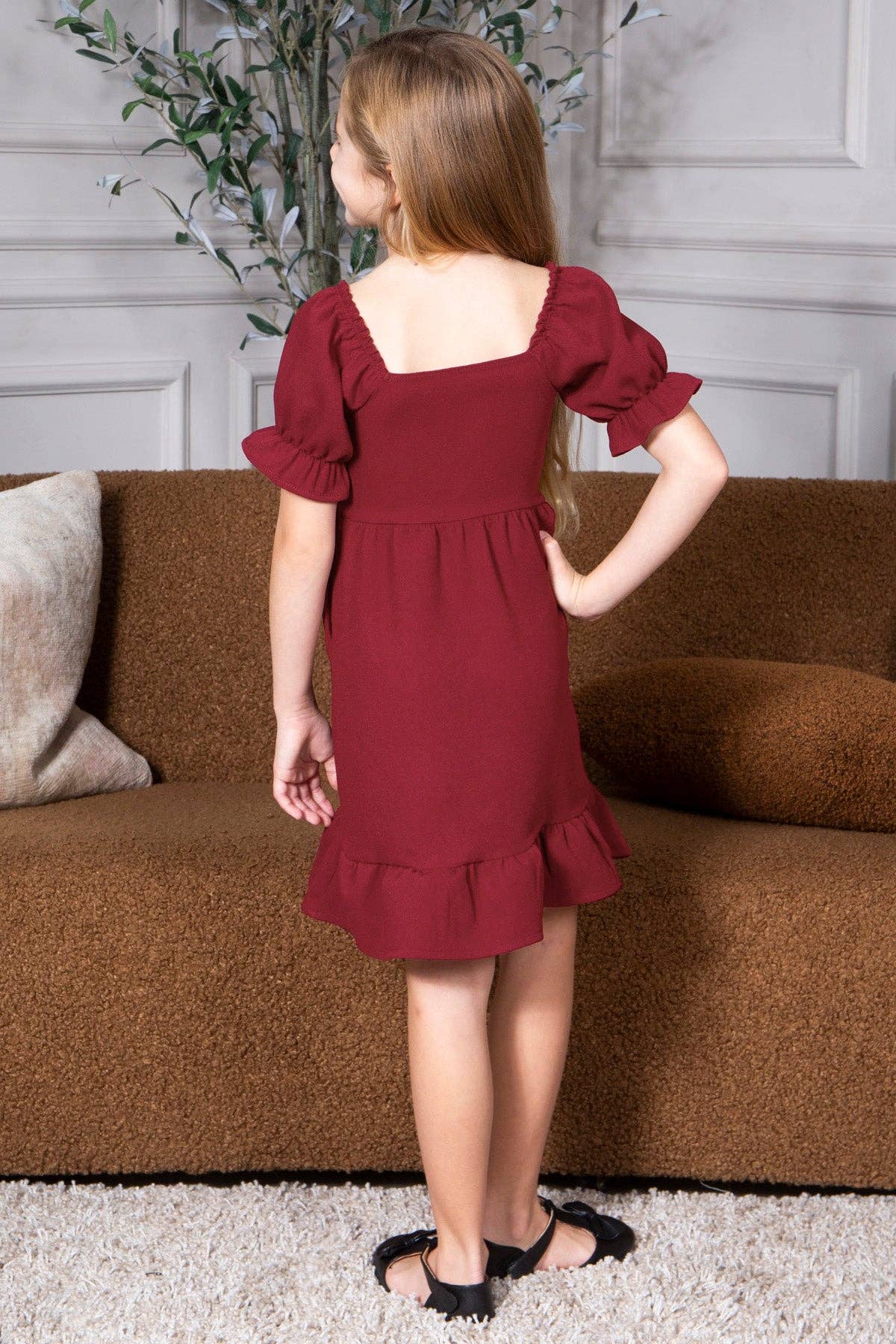Kid's Smocked Dress Short Puff Sleeve Ruffle Crepe Midi