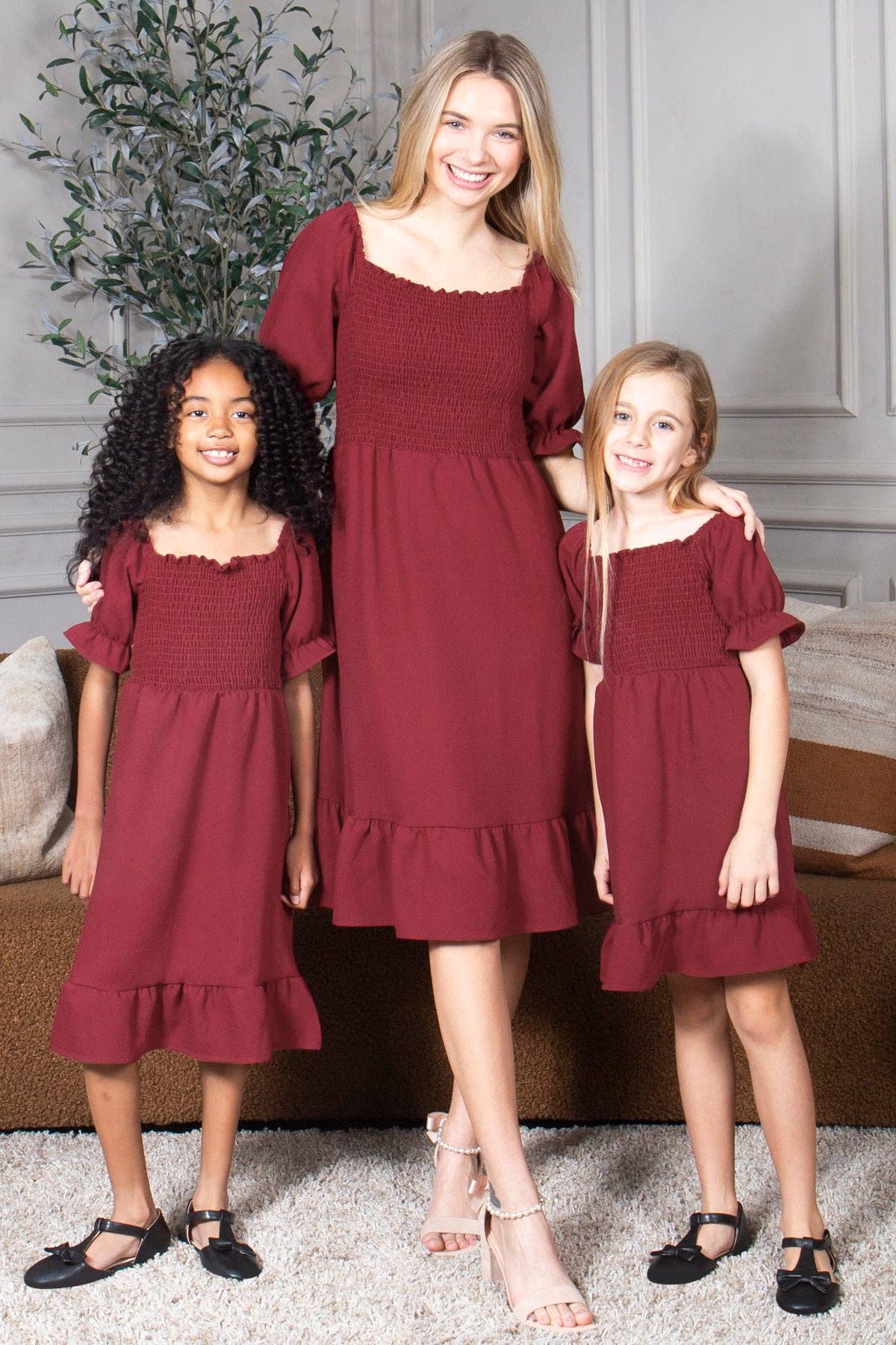 Kid's Smocked Dress Short Puff Sleeve Ruffle Crepe Midi