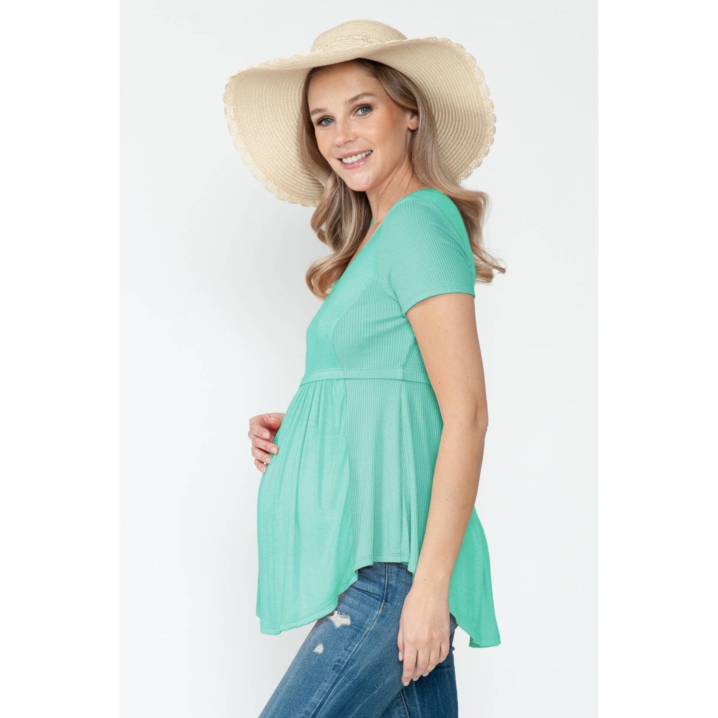 Maternity Shirring Ruched Round Hem Basic Solid Side Rib Top