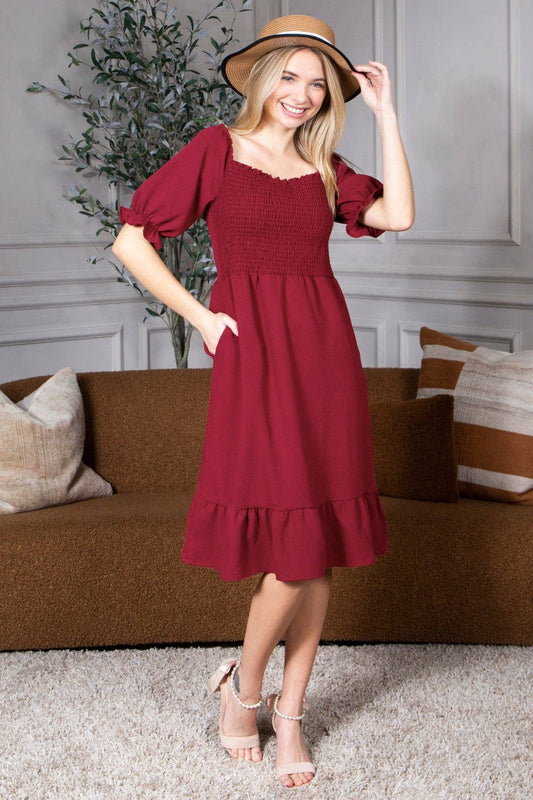 Smocked Dress Short Puff Sleeve Ruffle Smocking Crepe Midi