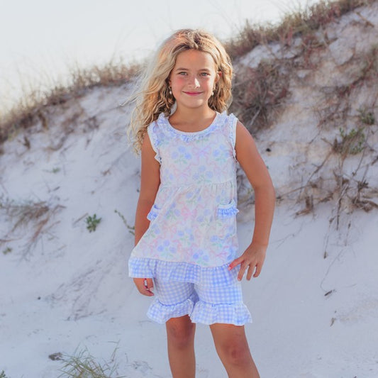 Girls Lavender Check Pink Pocket Ruffle Short Set