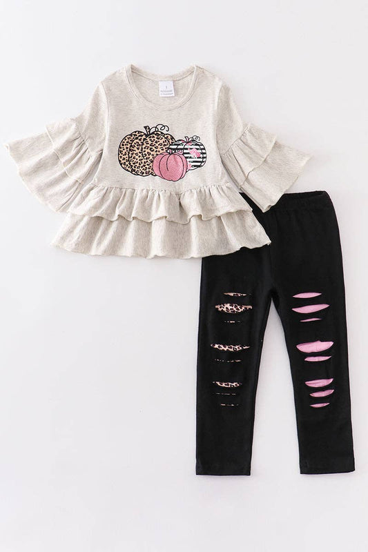 Grey leopard pumpkin ruffle girl set
